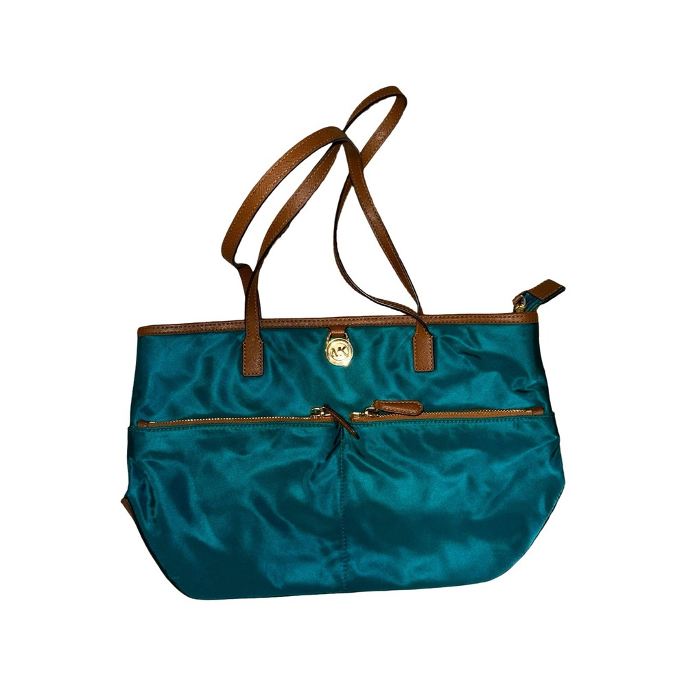 Michael Kors Kempton Tote Bag Medium Teal Nylon Leather Gold Hardware‎